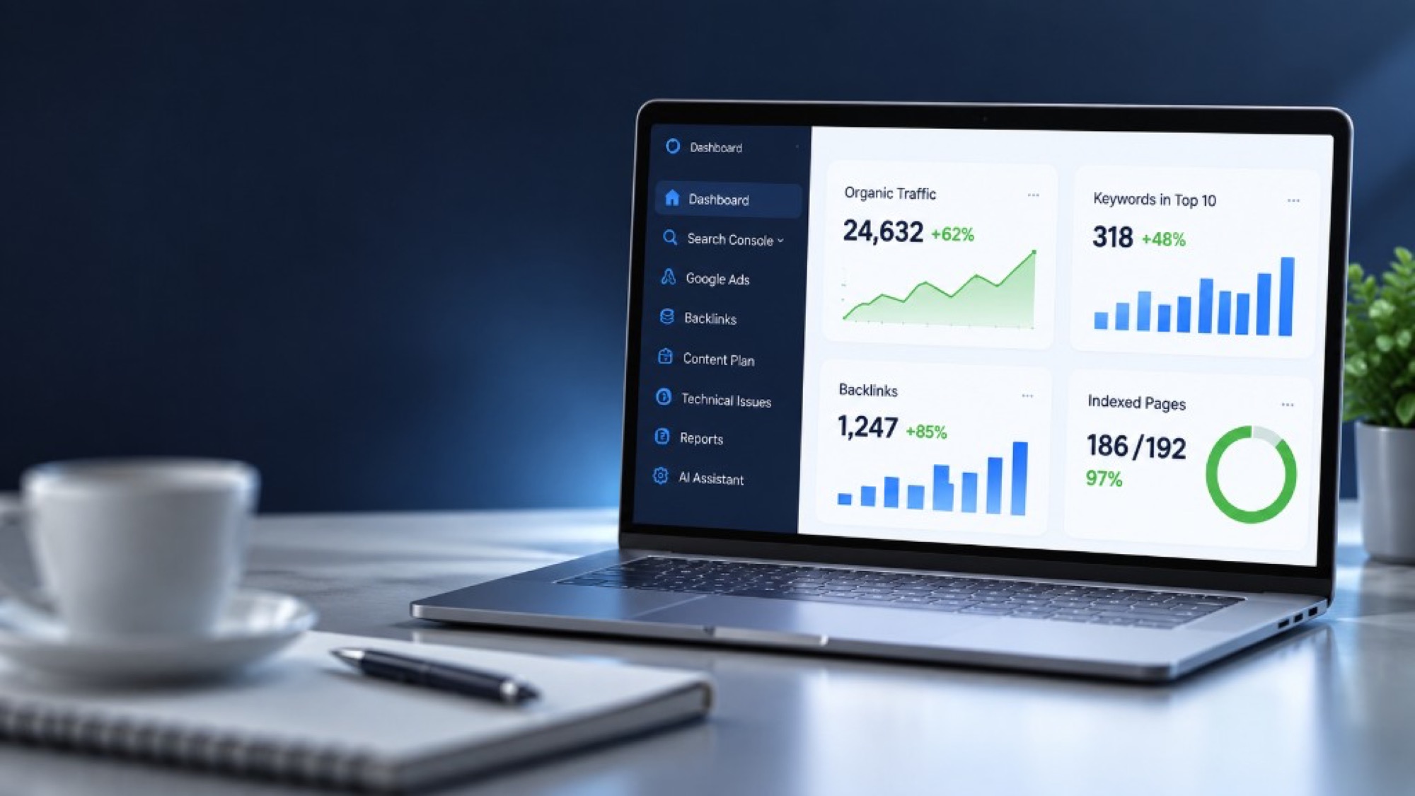 SEO control centre dashboard on a laptop